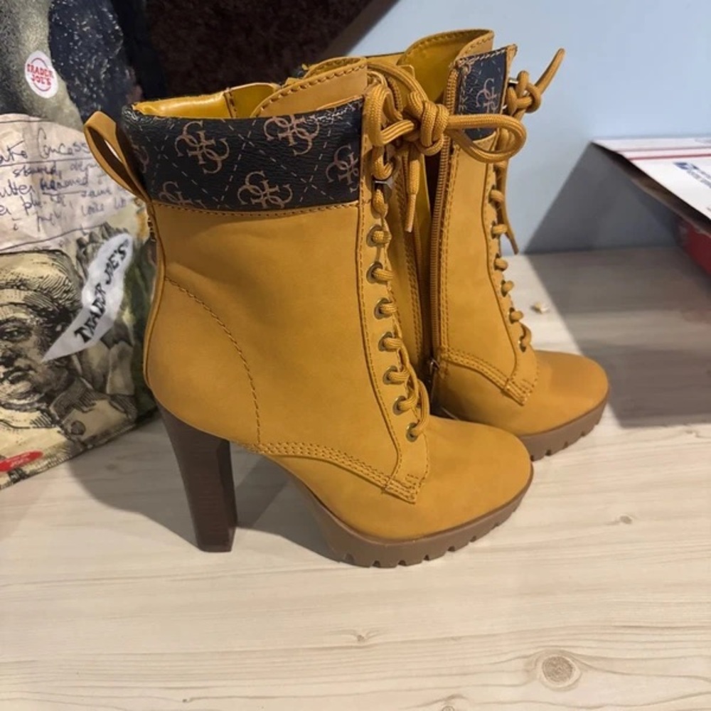 Guess Yellow Lace-Up Heeled Boots